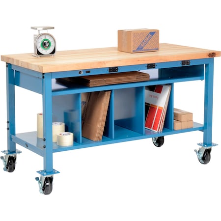 Global Industrial Mobile Packing Workbench W/Lower Shelf & Power, Maple Square Edge, 72inWx30inD 244208AB